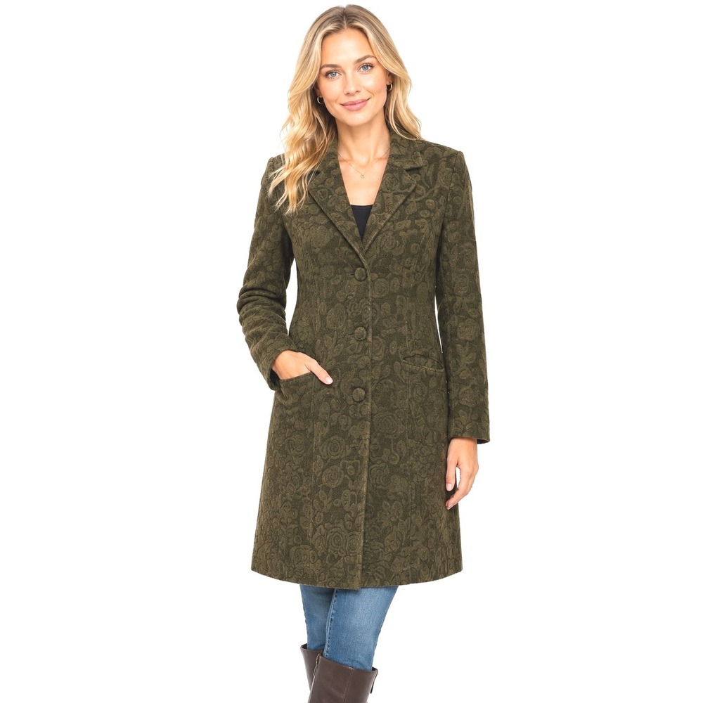 Giacca Olive Green Floral Jacquard Tapestry Longline Coat Quilted Lining Large